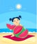 Cartoon asian girl eating watermelon on the beach