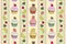 Cartoon assorted cupcakes pattern. Strawberry, chocolate lemon mint taste with frosting. Yellow turquoise pink brown