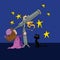 Cartoon astrologer looking at the star positions in the sky with a telescope at night time vector