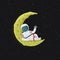 Cartoon astronaut lying and waving on the  yellow crescent Moon. Outer space with stars in the background.