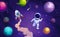 Cartoon astronaut in outer space starry galaxy