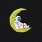 Cartoon astronaut reclining on the yellow crescent Moon. Outer space with stars in the background.