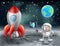 Cartoon astronaut and vintage space rocket on the moon