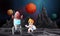 Cartoon astronauts explore outer space with rockets