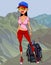 Cartoon attractive woman tourist with a backpack standing in the mountains