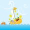 Cartoon Autumn Fall Colorful Fruit Boat Sea Leaves Vector Illustration