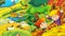 Cartoon autumn nature background with girl and boy gathering mushrooms and having fun with the falling leafs - illustration