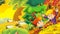 Cartoon autumn nature background with girl and boy gathering mushrooms and having fun with the falling leafs - illustration