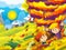 Cartoon autumn nature background in the mountains with girl and boy playing hide and seek and having fun with the falling leafs