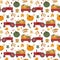 Cartoon autumn red harvest tractor with pumpkin trail, forest leaves