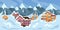 Cartoon avalanche. Snow natural disaster scene with buried houses. Vector illustration