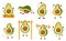 Cartoon avocado athlete. Funny vegetable character, sport mascot, cute green fruit gym activities, push and pull ups