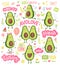 Cartoon avocado characters doing sport, cardio training, yoga, workout, cute princess, unicorn and couple in love. Funny