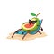 Cartoon avocado fruit relaxing on summer beach