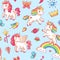 Cartoon babe pony sketch cute background. Miracle sweet dreams with magic unicorn, clouds and rainbow vector seamless