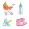 Cartoon baby accessories icons set. Girl pink baby booties, rubber dummy, orange bed pram and feed bottle with milk.