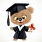Cartoon baby bear in graduate hat holding a diploma tied with ribbon isolated on white background