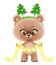 Cartoon baby bear in hoop with Christmas trees on head hold in paws garland with shining bulbs isolated on white