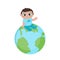 Cartoon baby boy sitting on planet Earth