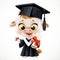 Cartoon baby calf in graduate hat holding a diploma tied with ribbon isolated on a white background