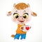 Cartoon baby calf in orange sweater with cup of tea or coffee isolated on a white background