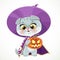 Cartoon baby cat in the wizards hat and cloak with Halloween pumpkin isolated on a white background