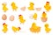 Cartoon baby chickens, easter cute little chicks. Funny newborn chicken in eggshell, chick hatching from egg, farm bird
