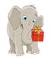 Cartoon baby elephant delivering a gift box with ribbon