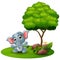 Cartoon baby elephant sitting under a tree on a white background