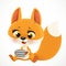 Cartoon baby fox with a cup of tea or coffee sit on a white background