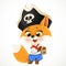 Cartoon baby fox dressed in pirate costume with a treasure chest isolated on a white background