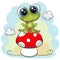 Cartoon Baby Frog is sitting on the mushroom