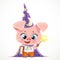 Cartoon baby pig in a wizard costume with textbook and magic wand isolated on a white background