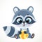 Cartoon baby raccoon with stripped ball sit on a white background