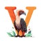 Cartoon baby vulture with dark and light feathers standing on white background near big letter V. Creative kids alphabet