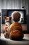 Cartoon Back view of cute little boy watching a television with dog friends. Generative AI