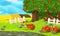 Cartoon background of a farm with fields and apple trees