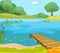 Cartoon background of forest lake with pier.