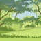 Cartoon background of green deciduous forest with big trees