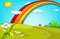 Cartoon background of summer glade with rainbow.