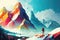 Cartoon backpacker winter hiking at mountain landscape panorama. Travel expedition and mountaineering sport. Generative AI