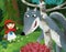 Cartoon bad wolf meeting little girl in red hood in forest