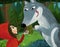 Cartoon bad wolf meeting little girl in red hood in forest