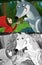 Cartoon bad wolf meeting little girl in red hood in forest