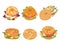 Cartoon bagel. Lunch food donut sandwich, gourmet restaurant breakfast bagels with cheese, salmon and avocado vector set
