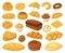 Cartoon bakery food. Pastry products, bread loaf, french baguette, and croissant. Bakery whole grain and wheat products