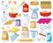 Cartoon baking ingredients. Bakery ingredients, baking flour, eggs, butter and milk vector illustration set. Pastry