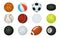Cartoon balls. Sport inventory. Spheres for playing basketball and football, tennis or baseball. Hockey puck. Isolated
