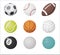 Cartoon balls vector set. Sport balls icons: volleyball, basketball, football, golf, american football, bowling isolated