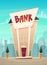 Cartoon bank branch at city street illustration . happy financial business planing .  money of stock exchange finance vector. safe